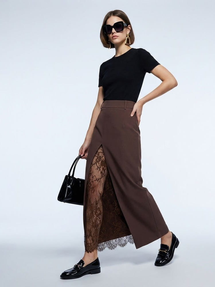 Women's Skirt Brown Maxi BYMANYC ® New York SOHO LACE SPLIT - New Collection