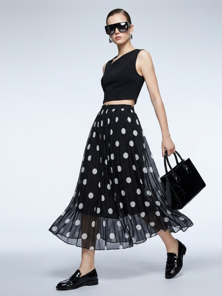 Women's Skirt Black Polka Dot BYMANYC ® New York SOHO PLEATED MAXI - New Collection