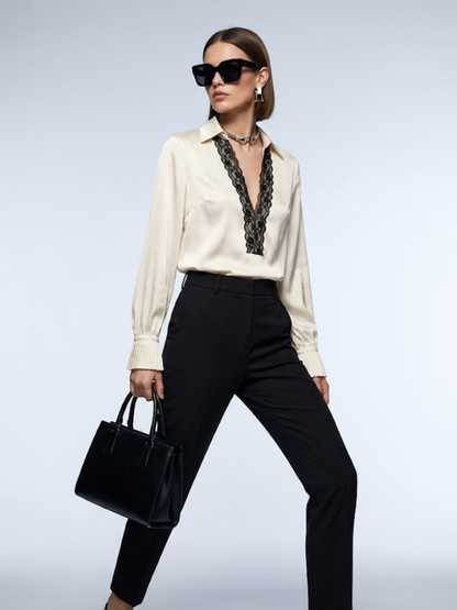 Women's Blouse Silk Satin BYMANYC ® New York SOHO LACE V-NECK - New Collection