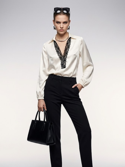 Women's Blouse Silk Satin BYMANYC ® New York SOHO LACE V-NECK - New Collection