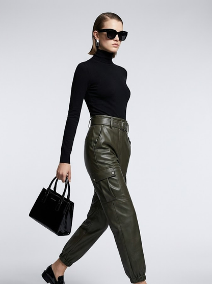 Women's Leather Cargo Pants BYMANYC ® New York SOHO OLIVE JOGGER - New Collection