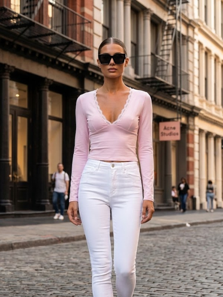 Pink CHELSEA Lace Neckline Top Prêt-À-Porter BYMANYC ® New York