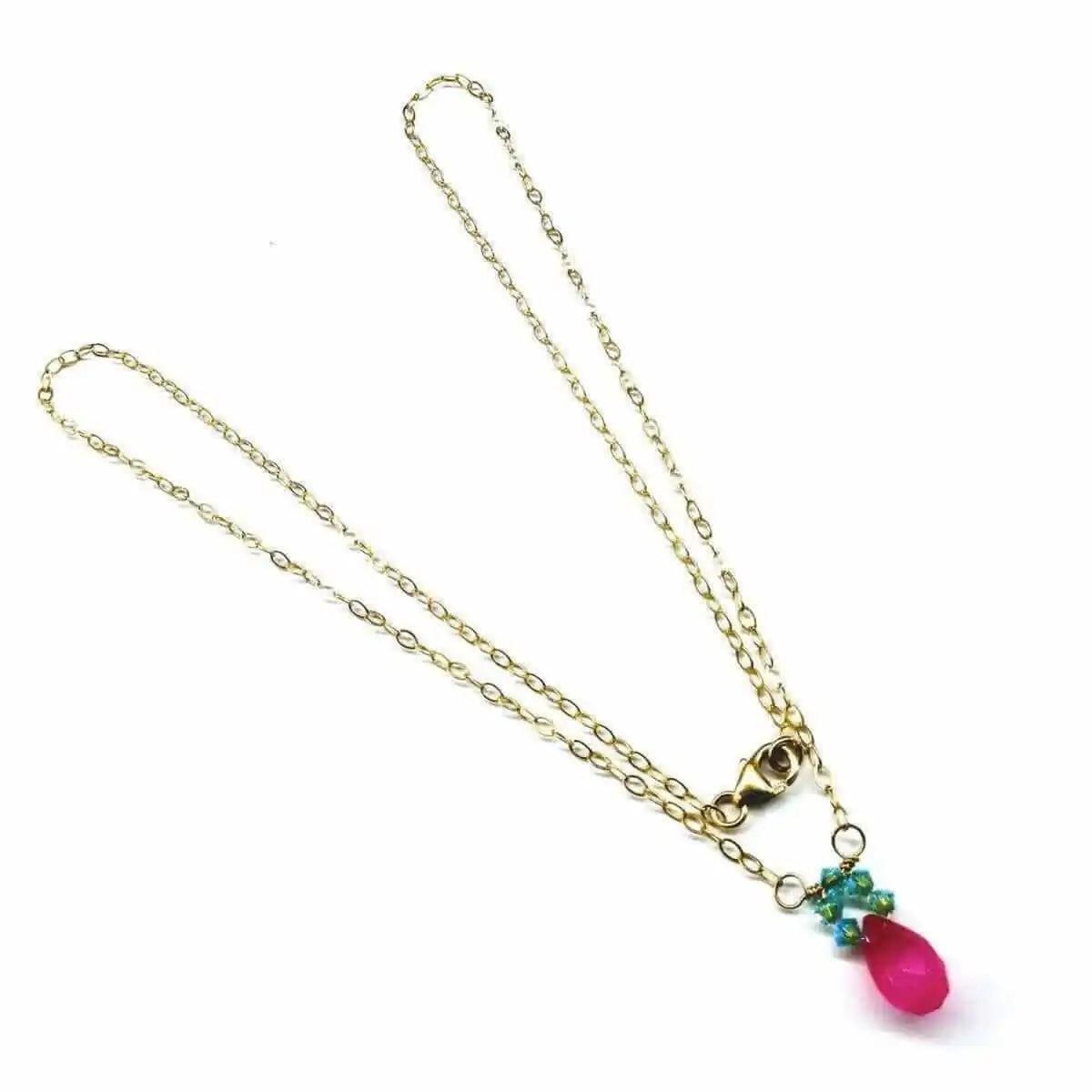 Gold Filled Pink and Aqua Gemstone Crystal Chain Necklace