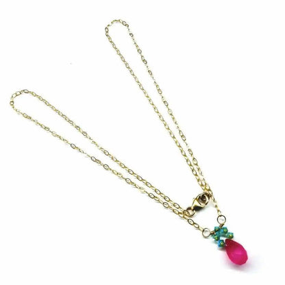 Gold Filled Pink and Aqua Gemstone Crystal Chain Necklace