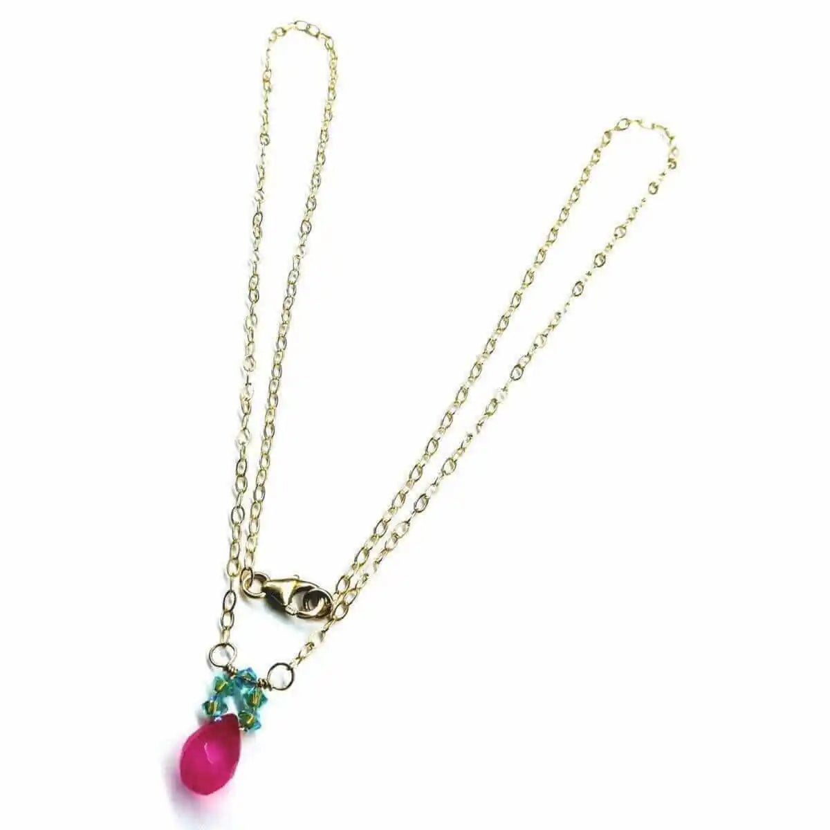 Gold Filled Pink and Aqua Gemstone Crystal Chain Necklace