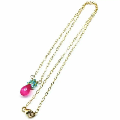 Gold Filled Pink and Aqua Gemstone Crystal Chain Necklace