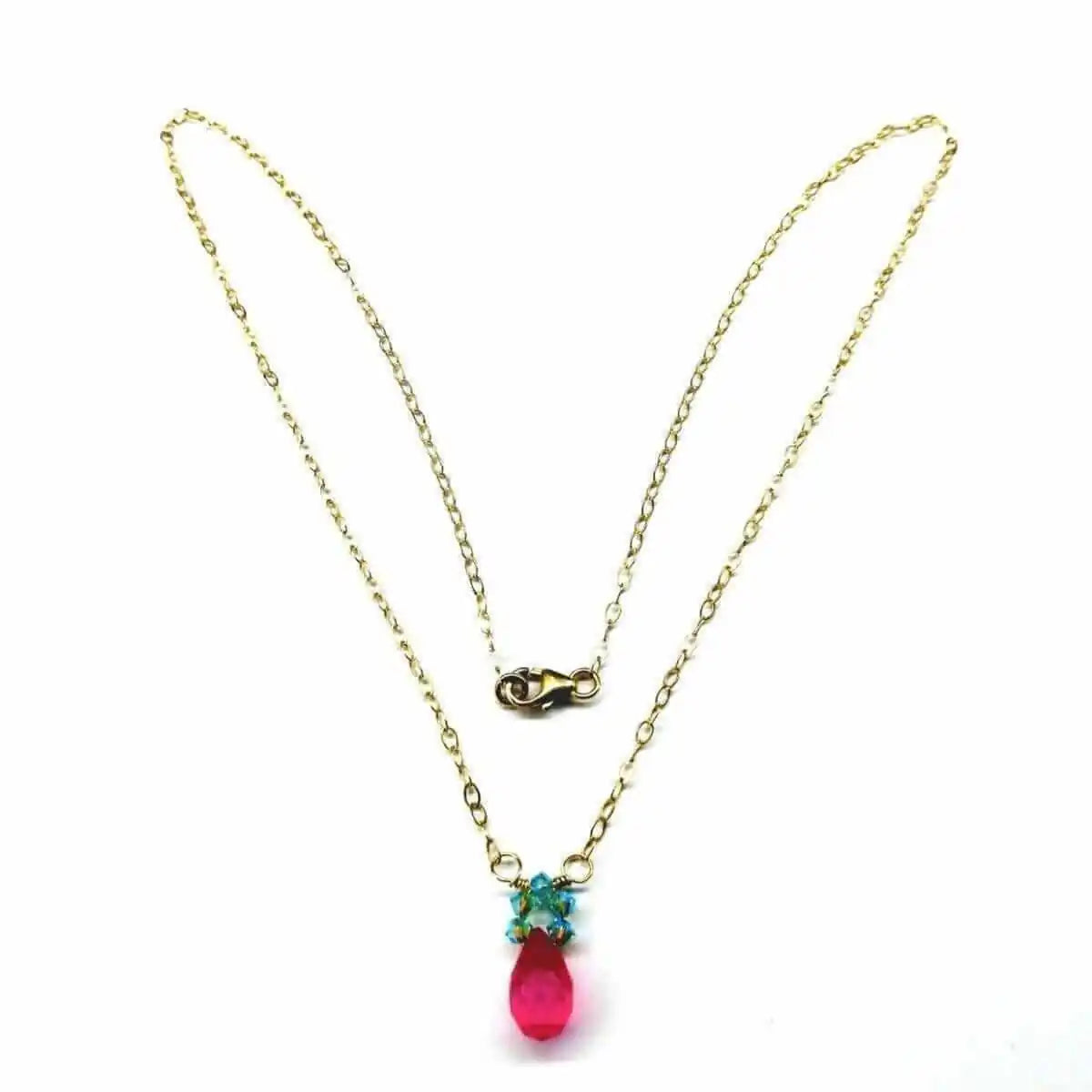 Gold Filled Pink and Aqua Gemstone Crystal Chain Necklace