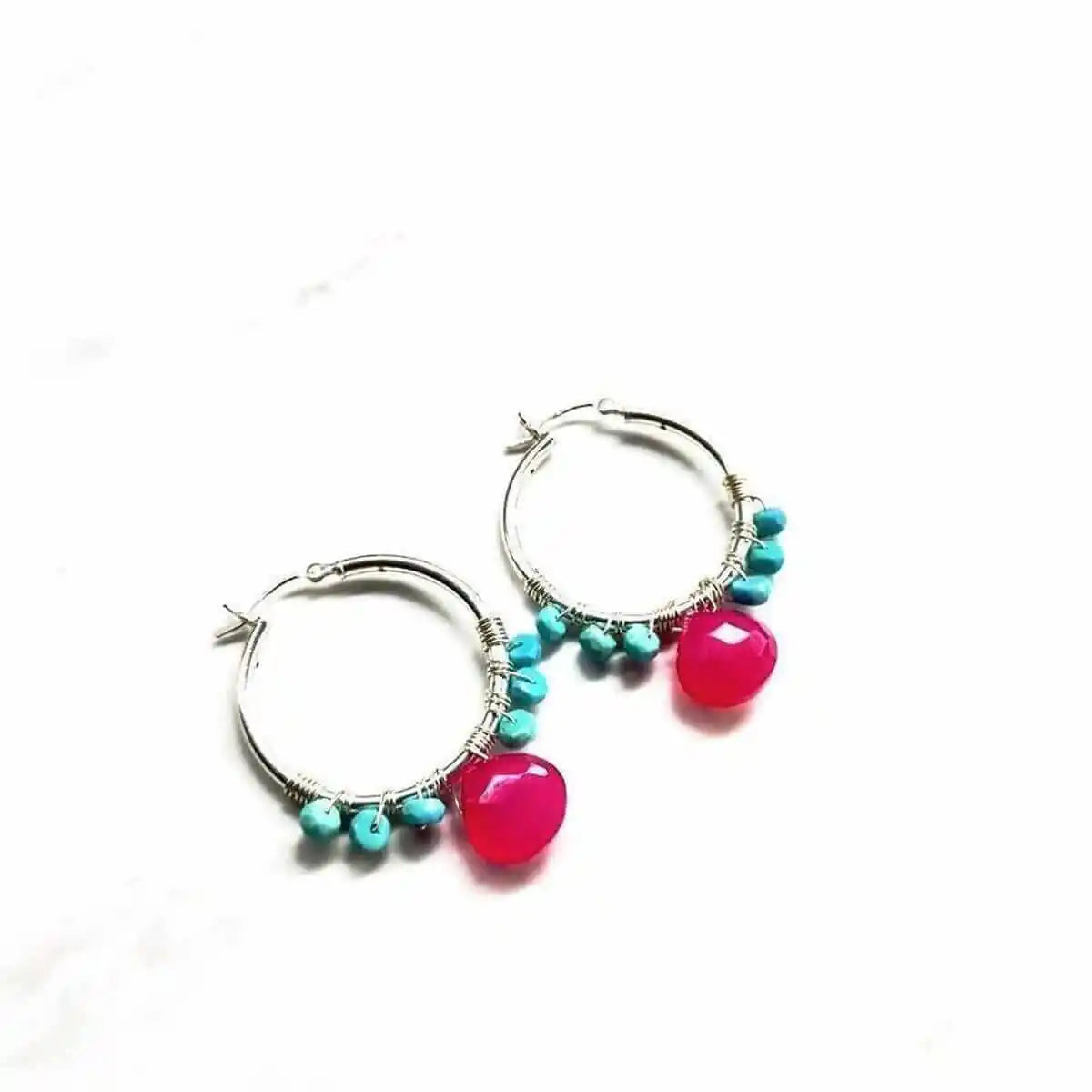 Pink and Sleeping Beauty Turquoise Silver Wire Hoop Earrings