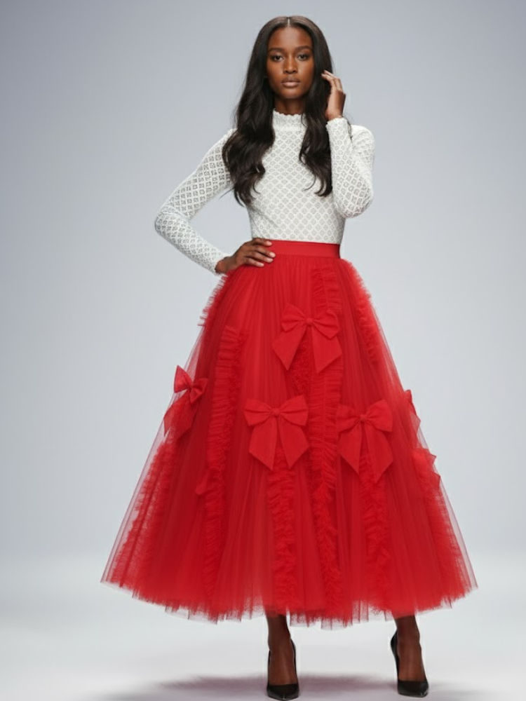 Red Tulle-Bow Midi Skirt SOHO: Prêt-À-Porter Line BYMANYC ® New York