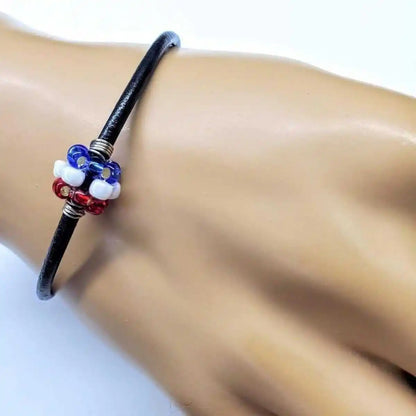 Patriotic Red White Blue Beaded Bead Leather Bracelet