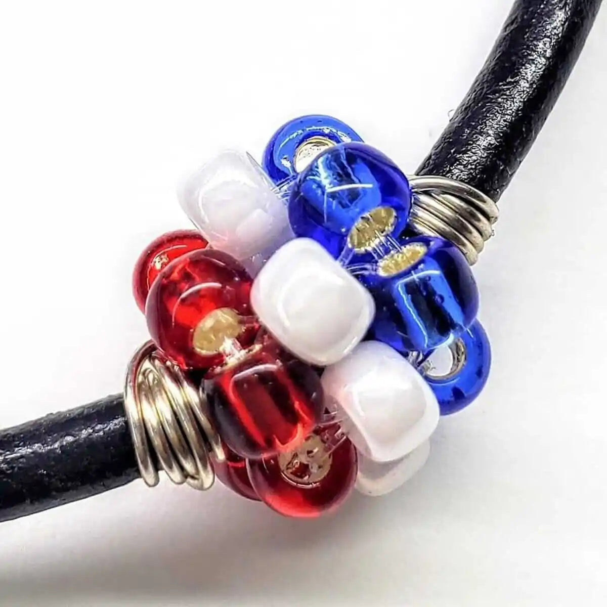 Patriotic Red White Blue Beaded Bead Leather Bracelet
