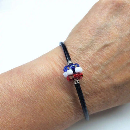 Patriotic Red White Blue Beaded Bead Leather Bracelet
