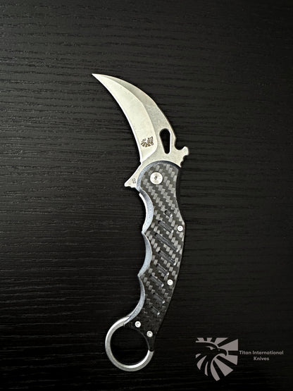 Titan Black Serpent Folding Pocket Knife - D2 Steel, Carbon Fiber Scales, Finger-Loop Grip TK-130