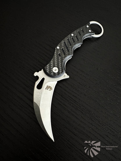 Titan Black Serpent Folding Pocket Knife - D2 Steel, Carbon Fiber Scales, Finger-Loop Grip TK-130