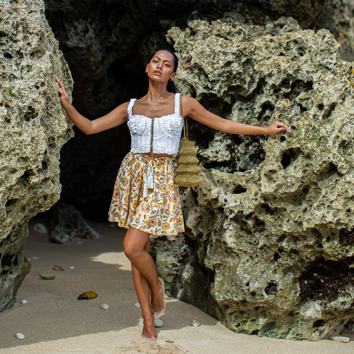 Sekar Floral Skort in Yellow | High-Waisted Cotton Skirt Shorts