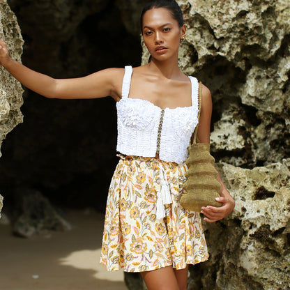 Sekar Floral Skort in Yellow | High-Waisted Cotton Skirt Shorts