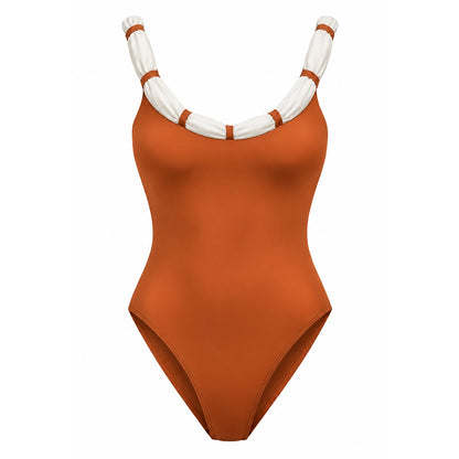 Shanti Recycled One-Piece Swimsuit With Knotted Neckline in Siena Brown