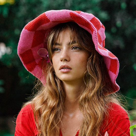 The Shilo Checkered Crochet Hat in Red & Pink
