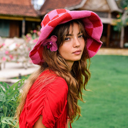 The Shilo Checkered Crochet Hat in Red & Pink