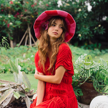 The Shilo Checkered Crochet Hat in Red & Pink