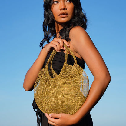 The Sol Mesh Wire Tote Bag in Dark Gold