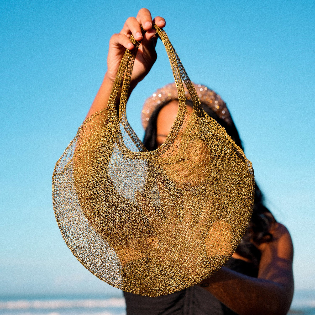The Sol Mesh Wire Tote Bag in Dark Gold