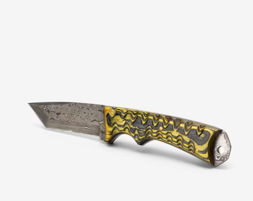 Custom, 8", Knife, Damascus Knife, Carved Diamond Wood, Beautiful Twist Damascus TD-75