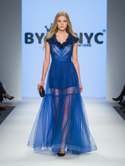Sheer Tulle Long Dress BLUE - TRIBECA: Prêt-À-Porter Line BYMANYC ® New York