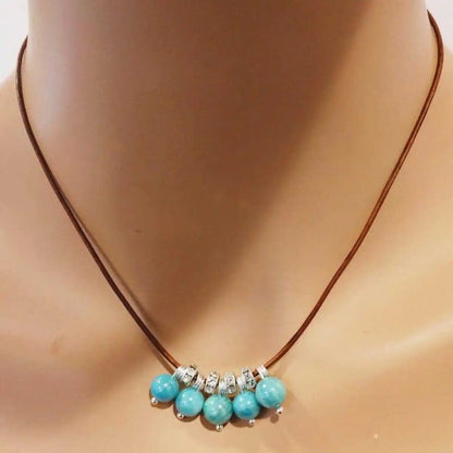 Silver Green Blue Shell Bead Charm Leather Necklace