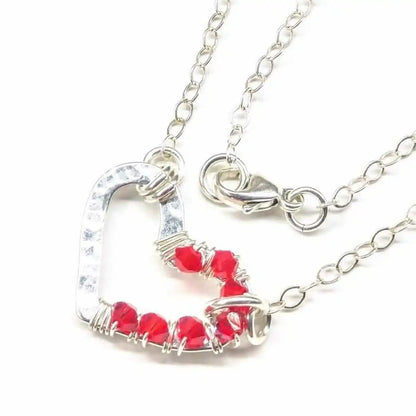 Silver Red Crystal Hammered Heart Necklace