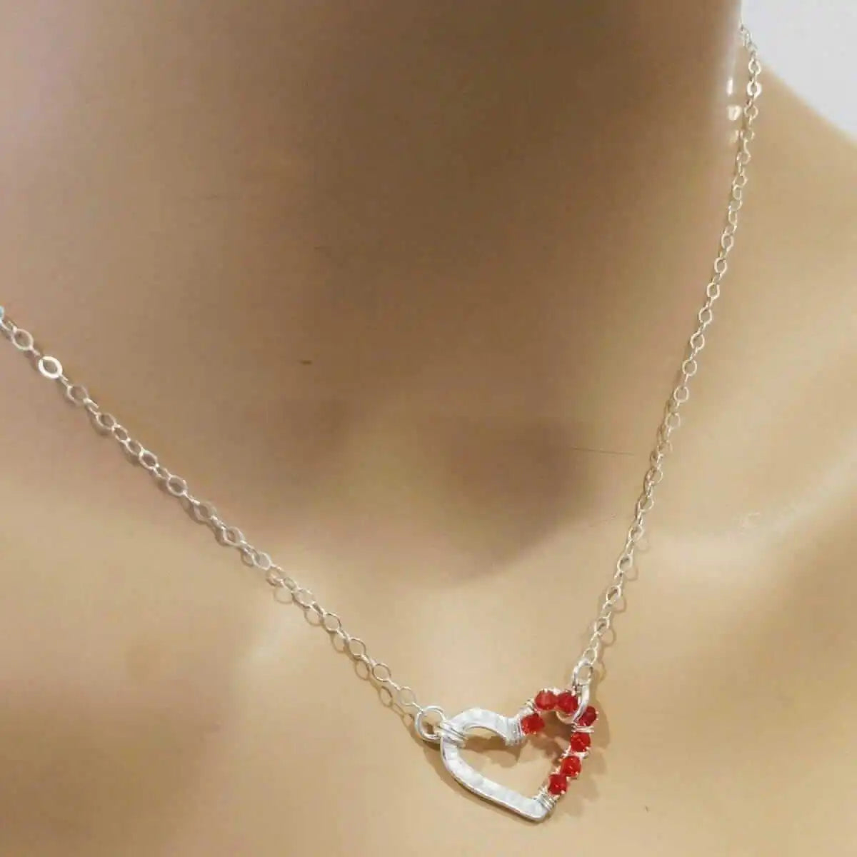 Silver Red Crystal Hammered Heart Necklace
