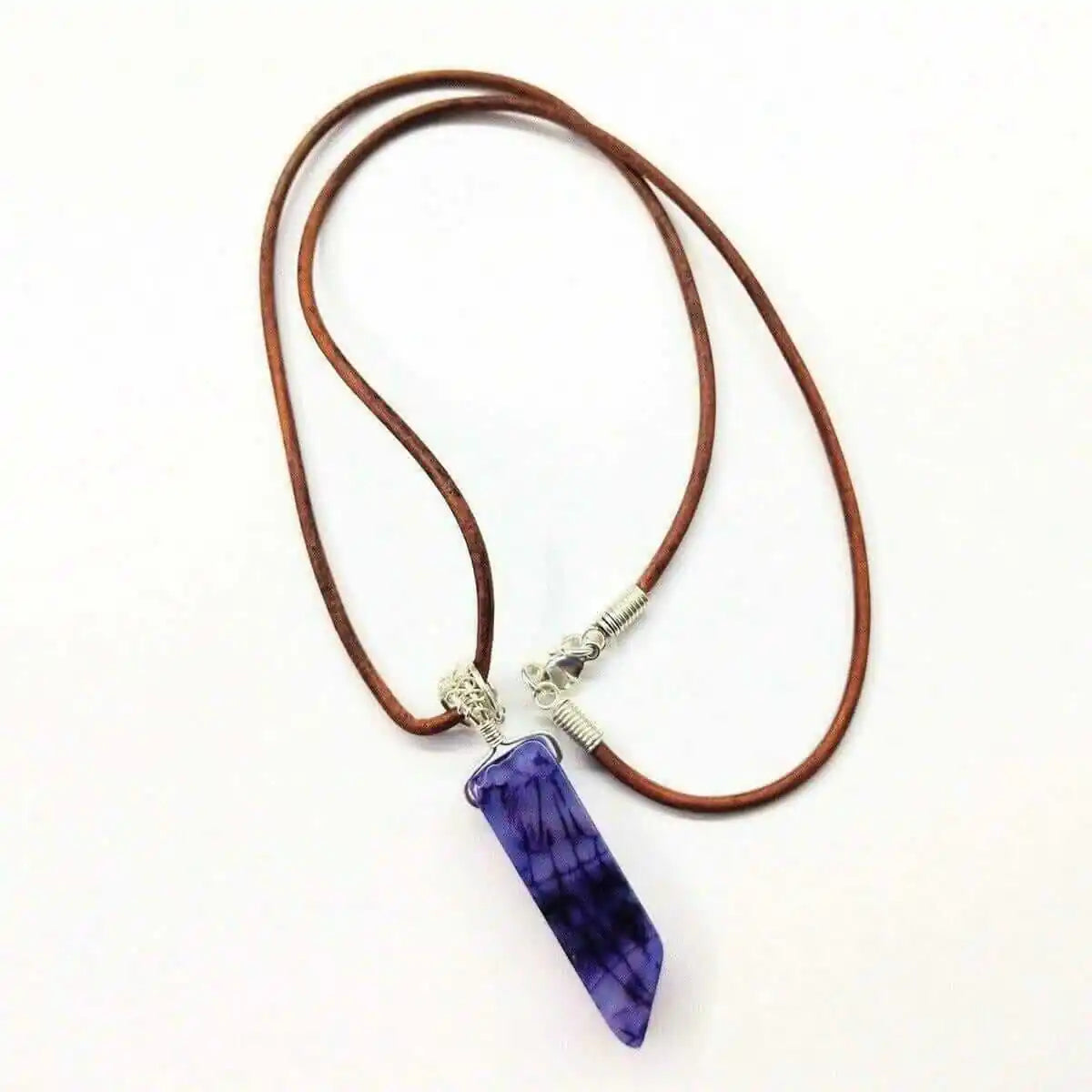 Silver Wrapped Purple Dyed Crackle Agate Point Necklace