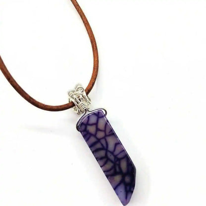 Silver Wrapped Purple Dyed Crackle Agate Point Necklace