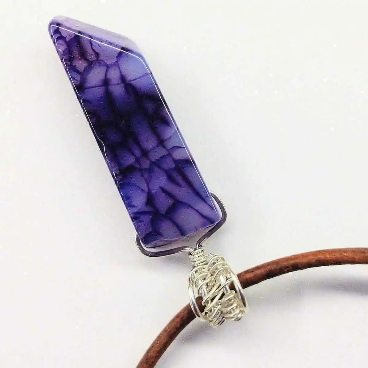 Silver Wrapped Purple Dyed Crackle Agate Point Necklace