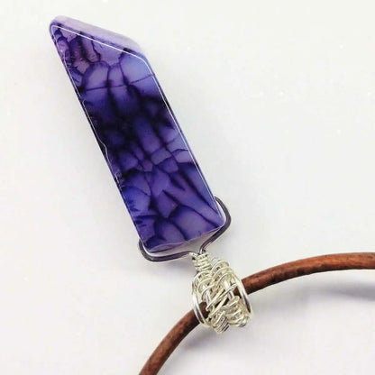 Silver Wrapped Purple Dyed Crackle Agate Point Necklace