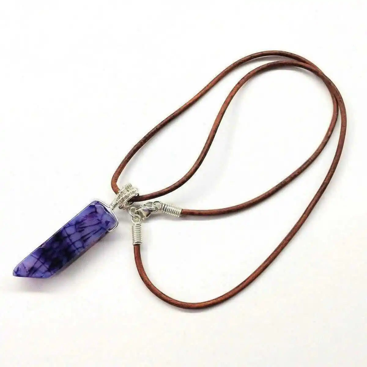 Silver Wrapped Purple Dyed Crackle Agate Point Necklace