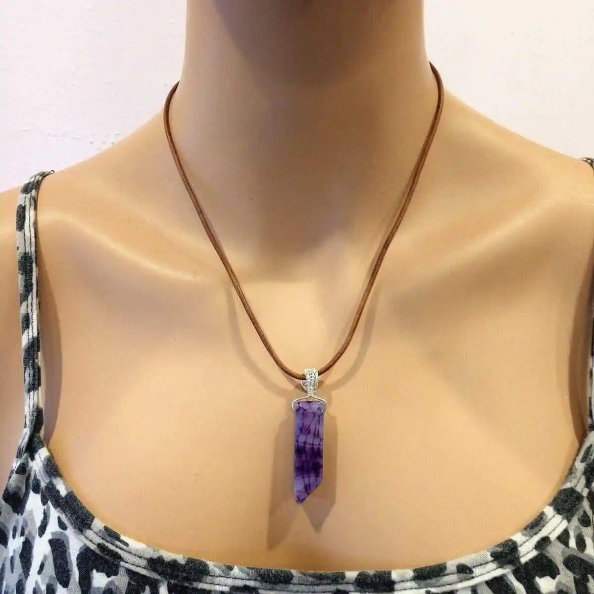 Silver Wrapped Purple Dyed Crackle Agate Point Necklace