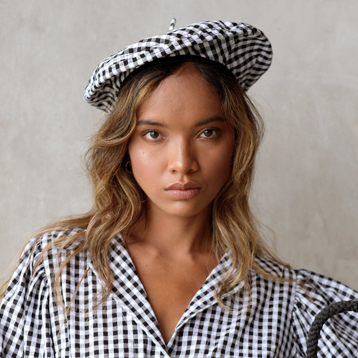 SIMONE Gingham Beret Hat in Black