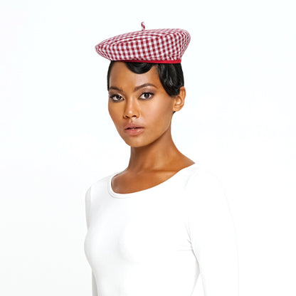 SIMONE Gingham Beret Hat in Red