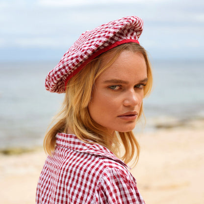 SIMONE Gingham Beret Hat in Red