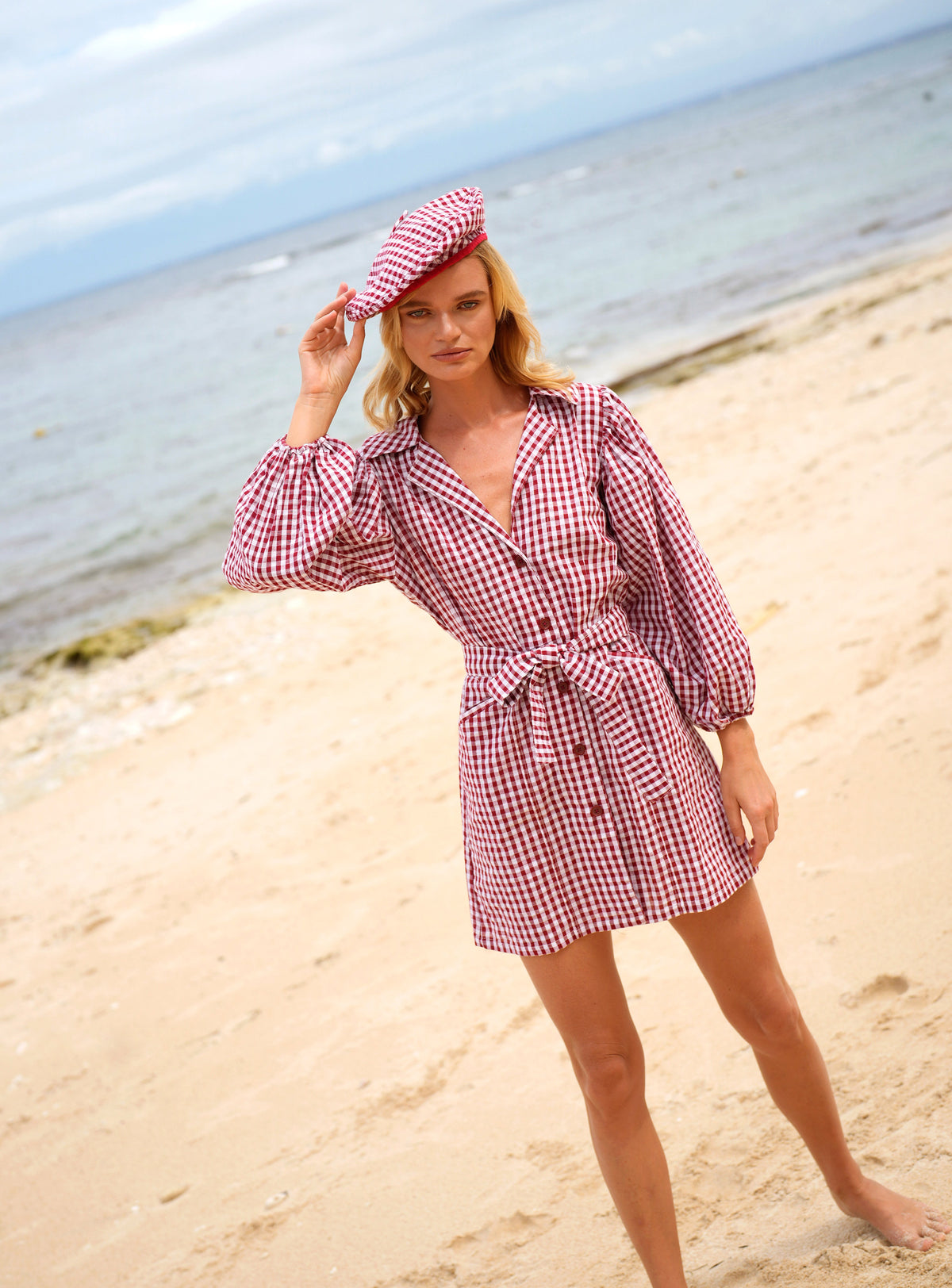SIMONE Gingham Beret Hat in Red