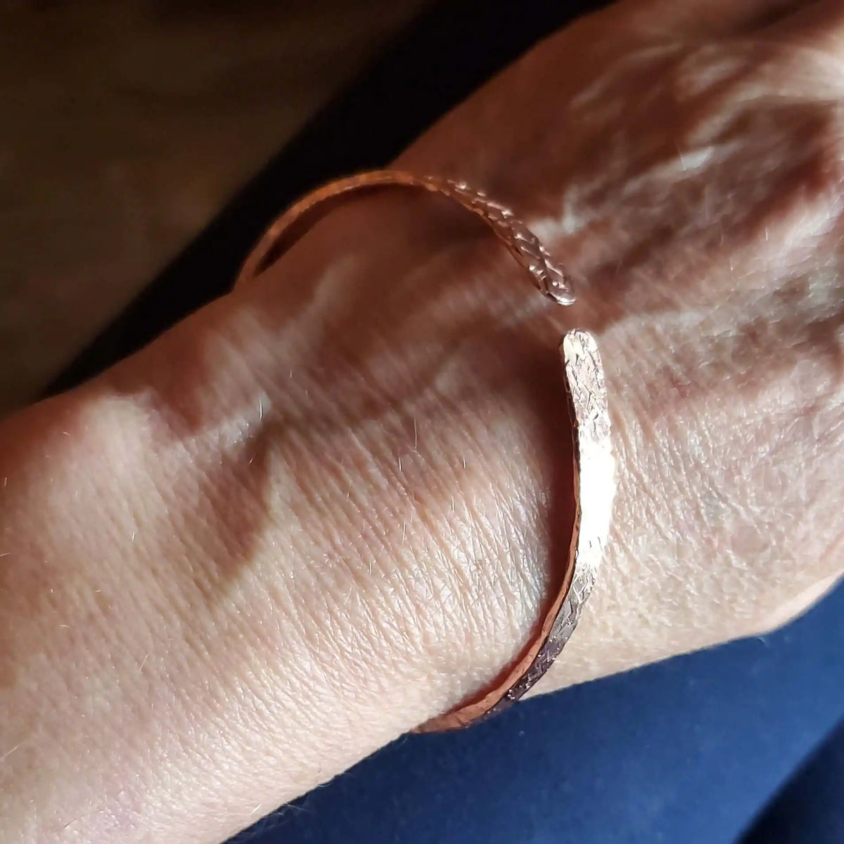Stackable Copper Hammered Open Double Canted Angle Bangles