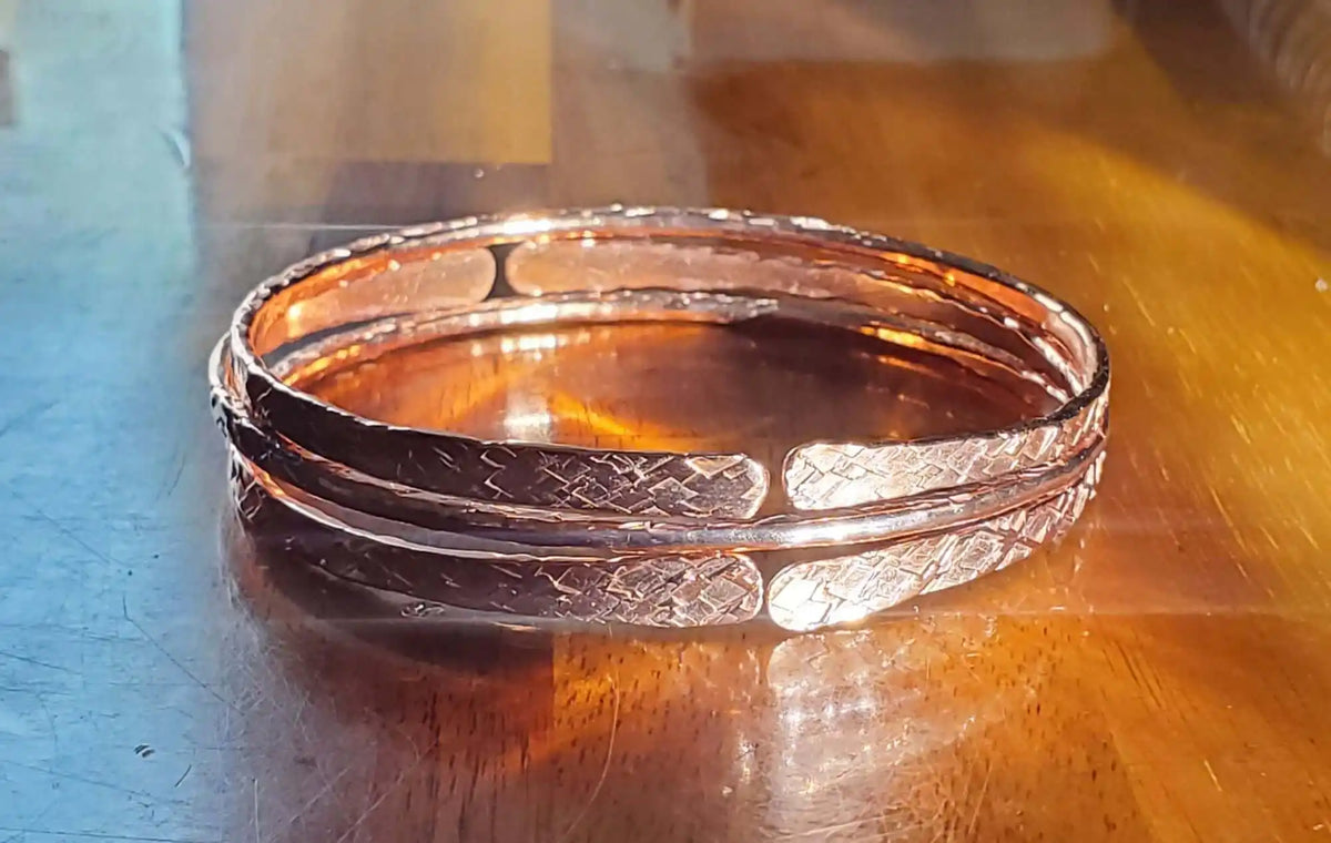 Stackable Copper Hammered Open Double Canted Angle Bangles