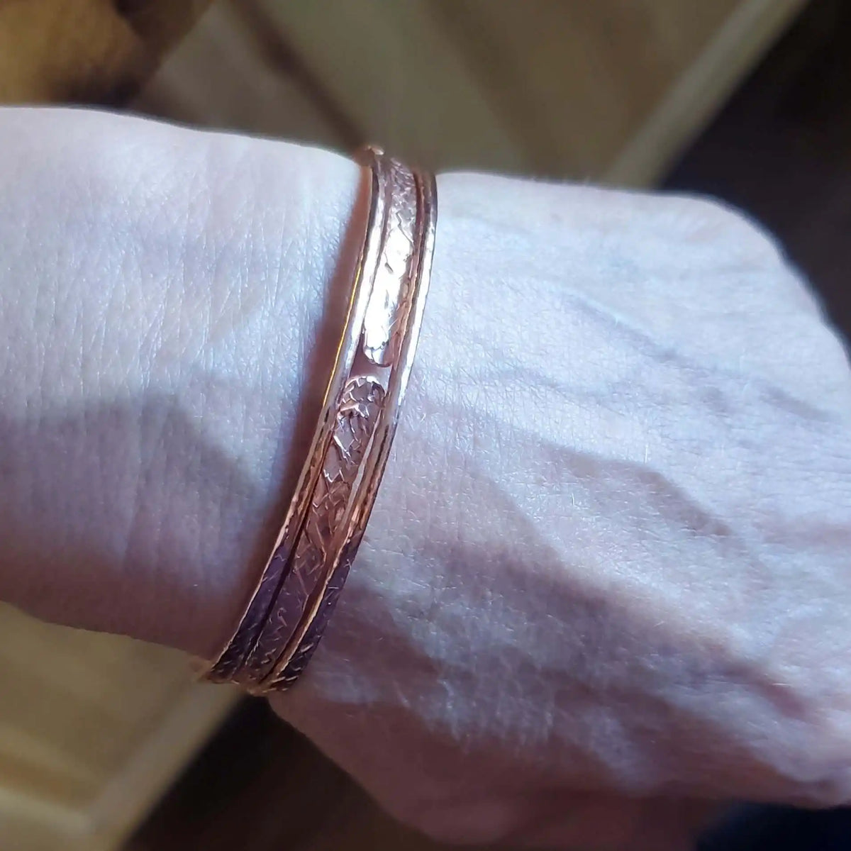 Stackable Copper Hammered Open Double Canted Angle Bangles