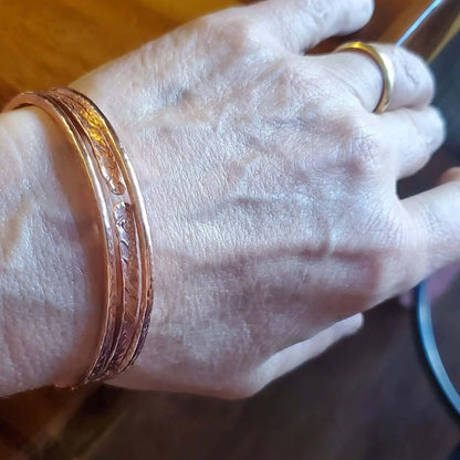 Stackable Copper Hammered Open Double Canted Angle Bangles