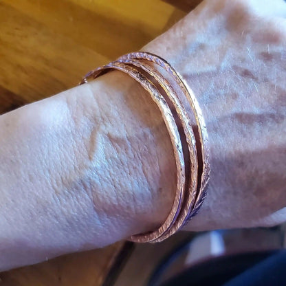 Stackable Copper Hammered Open Double Canted Angle Bangles