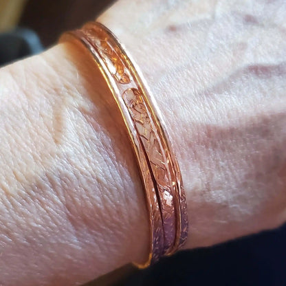 Stackable Copper Hammered Open Double Canted Angle Bangles