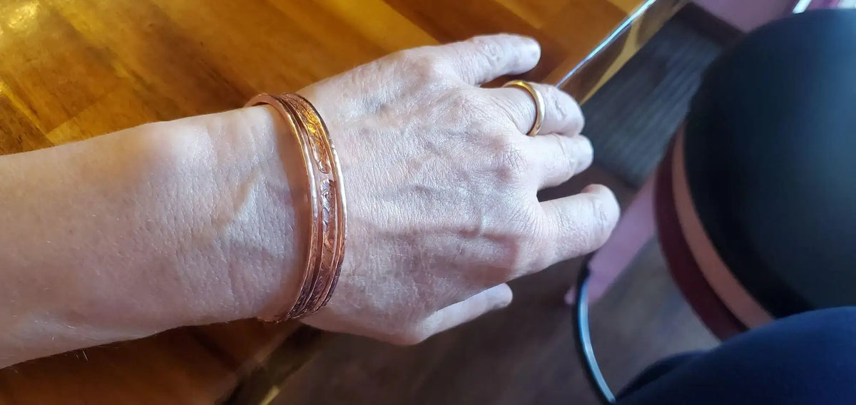 Stackable Copper Hammered Open Double Canted Angle Bangles