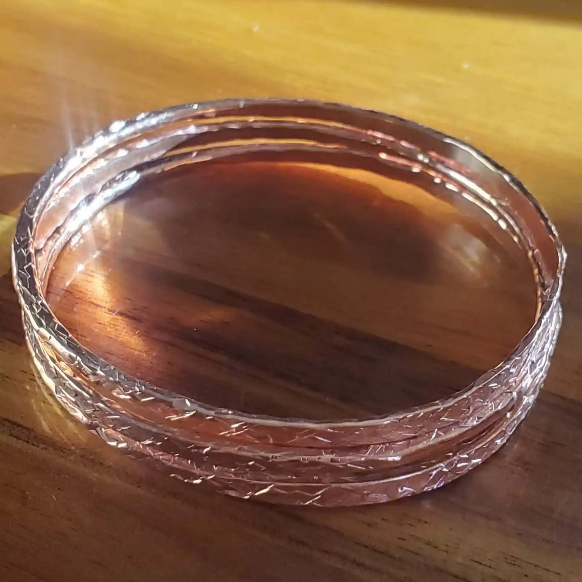 Stackable Copper Hammered Open Double Canted Angle Bangles