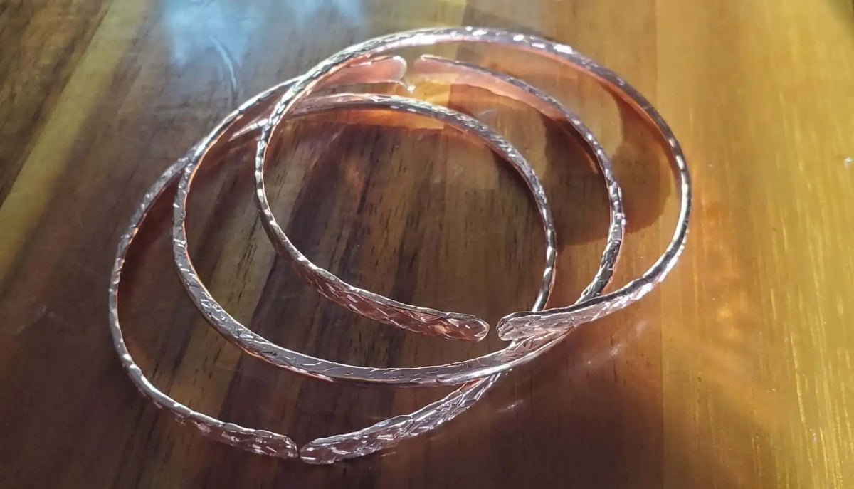 Stackable Copper Hammered Open Double Canted Angle Bangles
